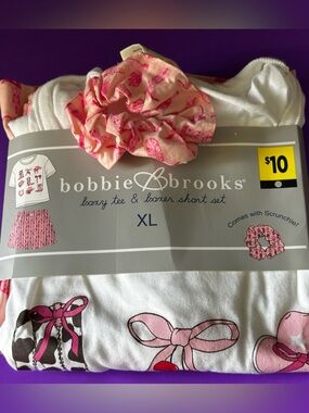 Bobbie Brooks White and Pink Loungewear Tee & Boxer Short Set with Scrunchie